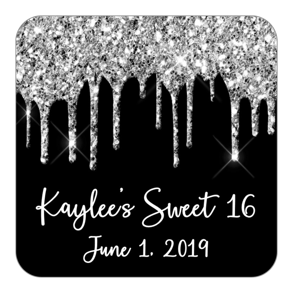 Glitter Drip Favor Stickers OR Tags-Silver/Black