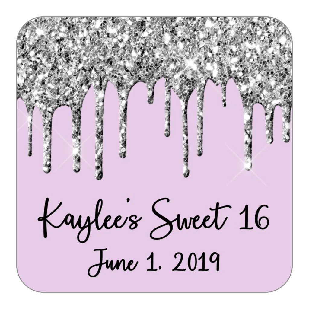 Glitter Drip Favor Stickers OR Tags-Silver/Lavender