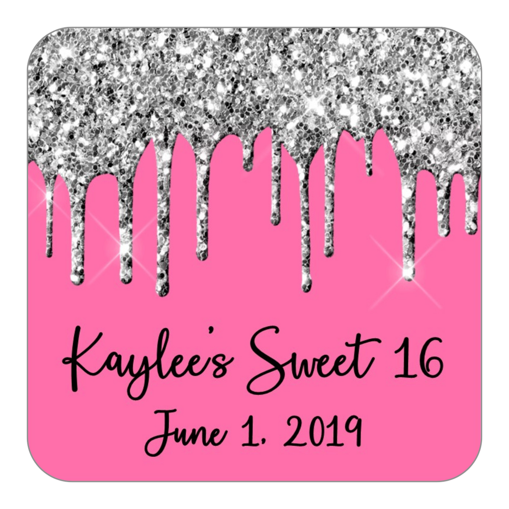 Glitter Drip Favor Stickers OR Tags-Silver/Dark Pink