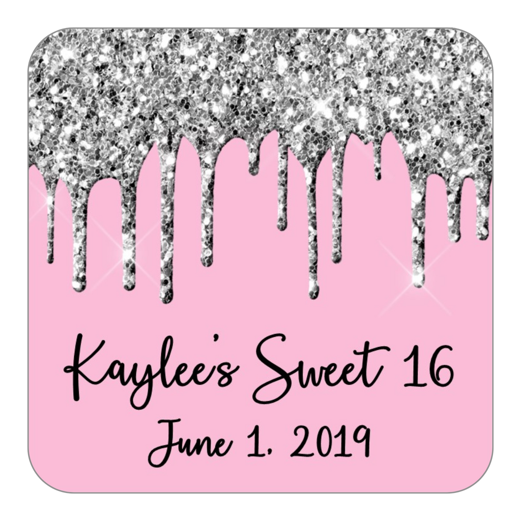 Glitter Drip Favor Stickers OR Tags-Silver/Light Pink