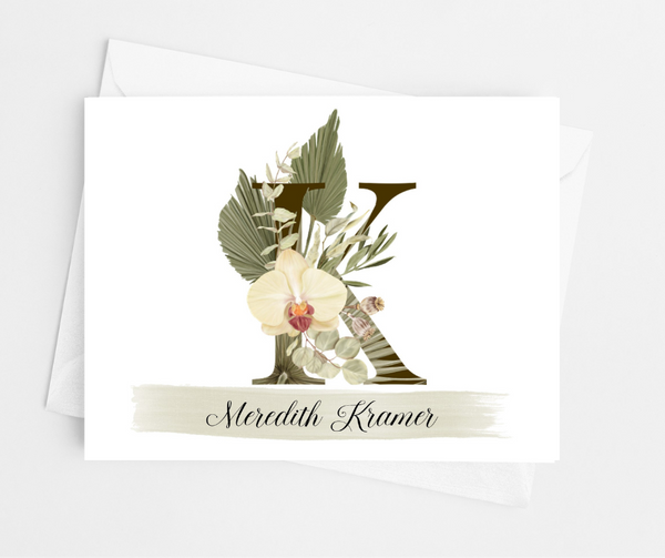 Tropical Floral Themed Initial Monogram Note Cards