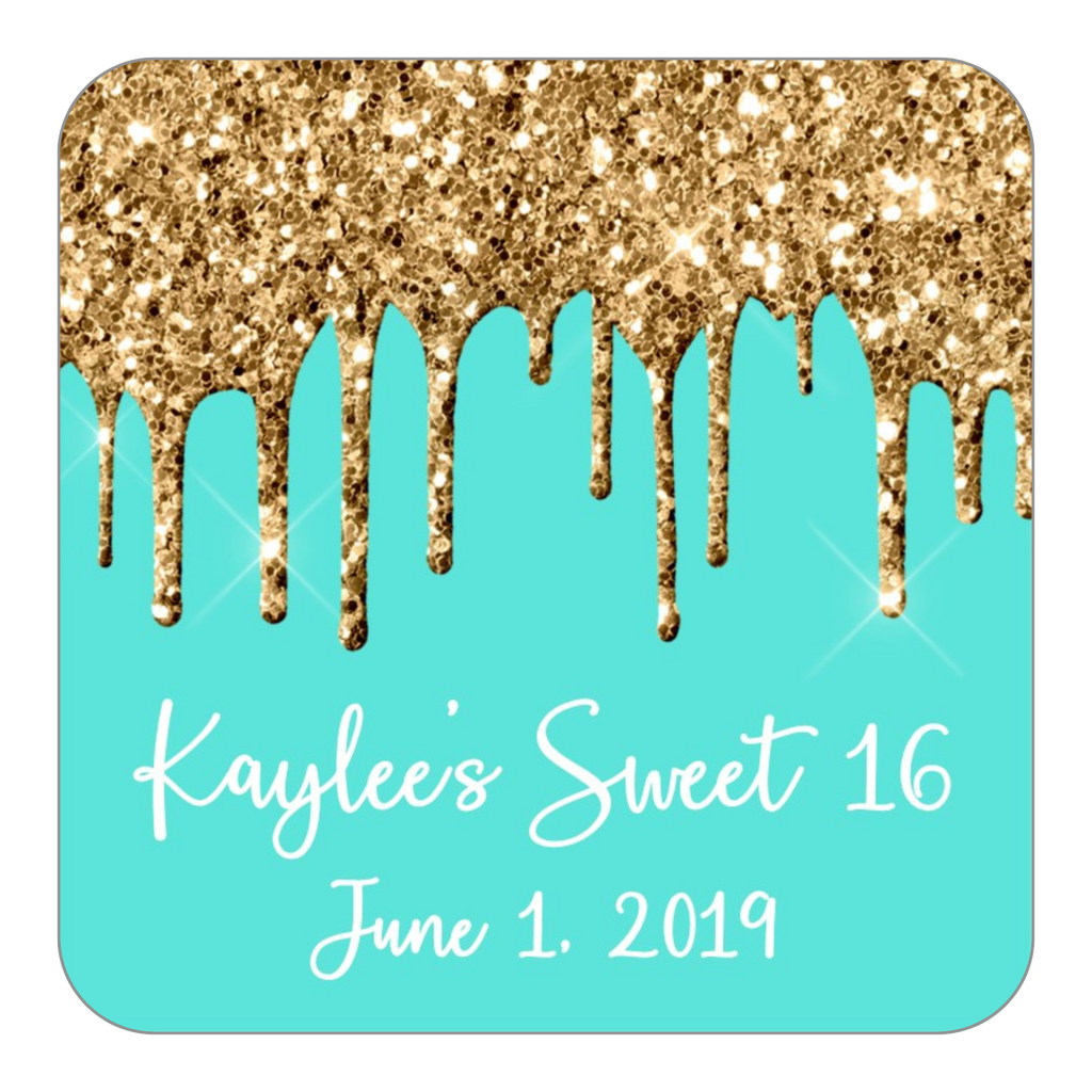 Glitter Drip Favor Stickers OR Tags-Gold/Teal