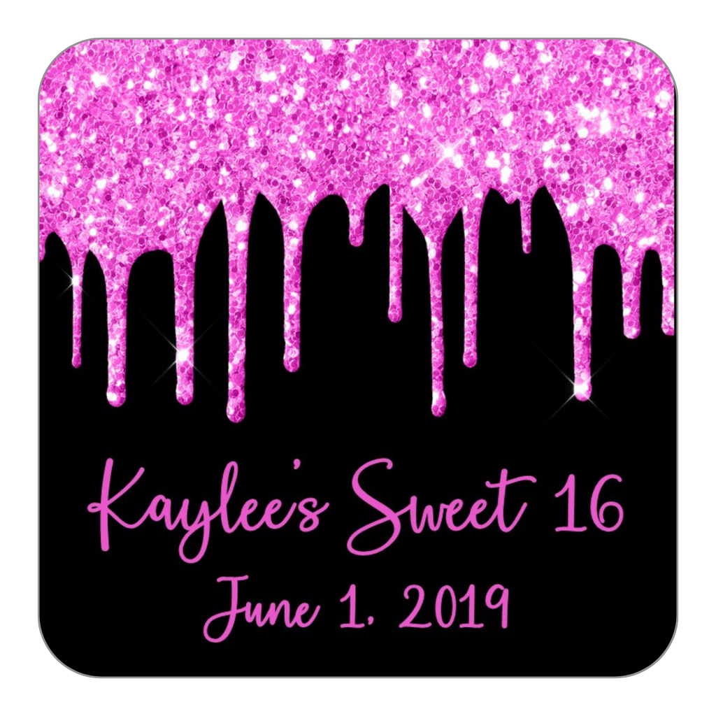 Glitter Drip Favor Stickers OR Tags-Pink/Black