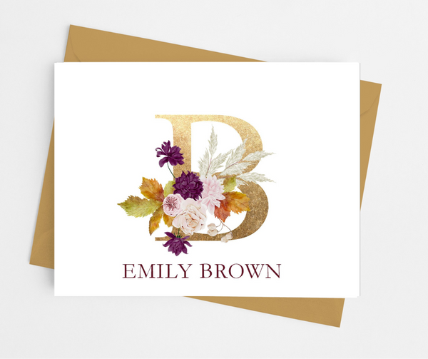 Fall Floral Initial Monogram Note Cards