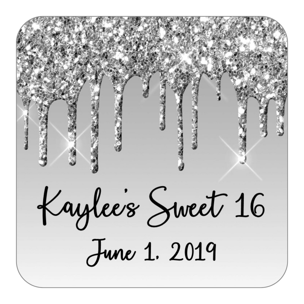 Glitter Drip Favor Stickers OR Tags-Silver