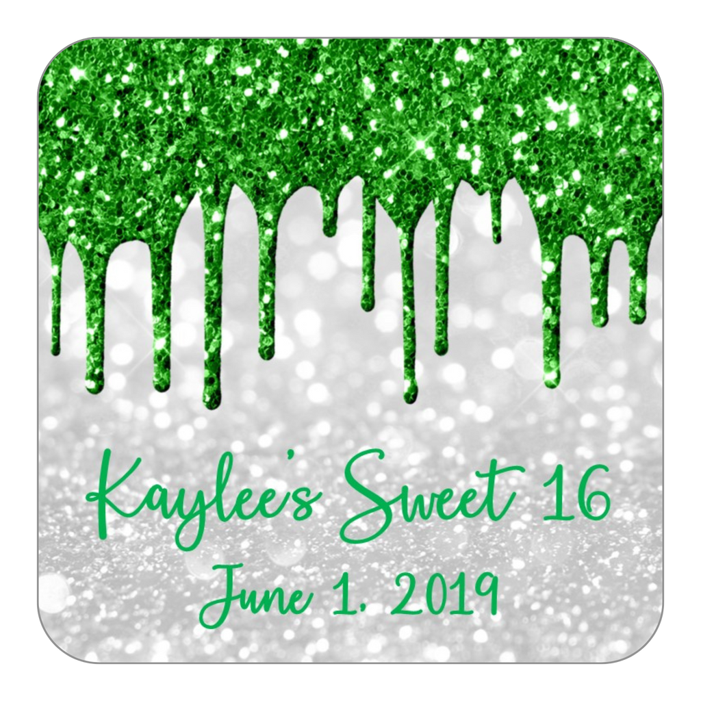 Glitter Drip Favor Stickers OR Tags-Green/White
