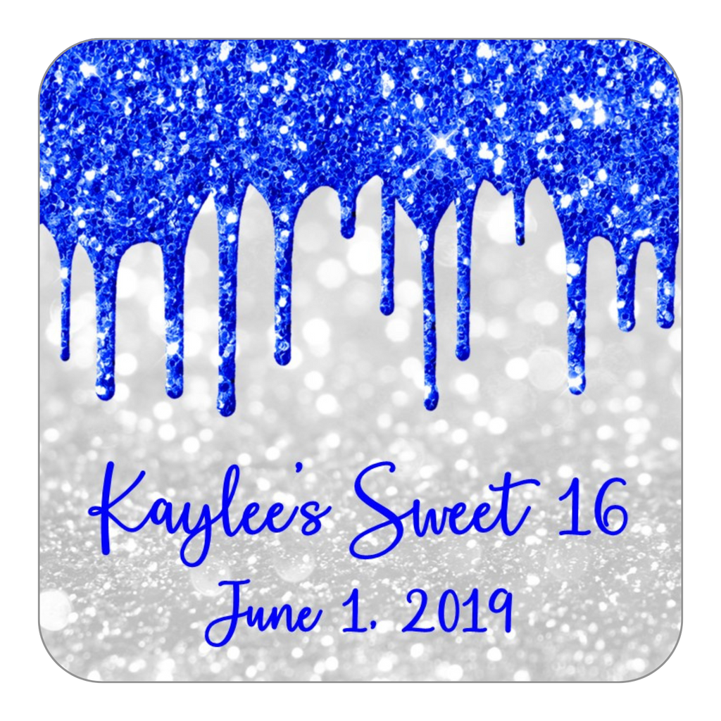Glitter Drip Favor Stickers OR Tags-Blue/White