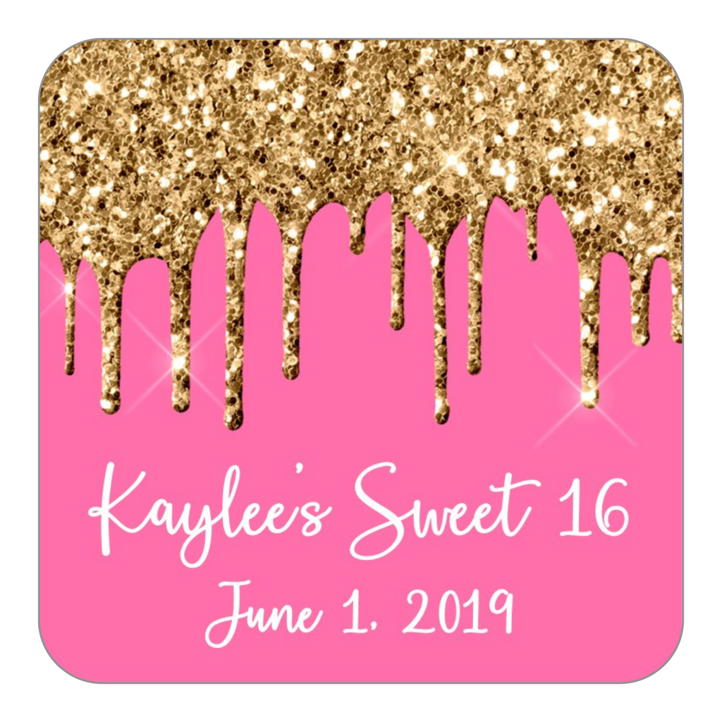 Glitter Drip Favor Stickers OR Tags-Gold/Dark Pink