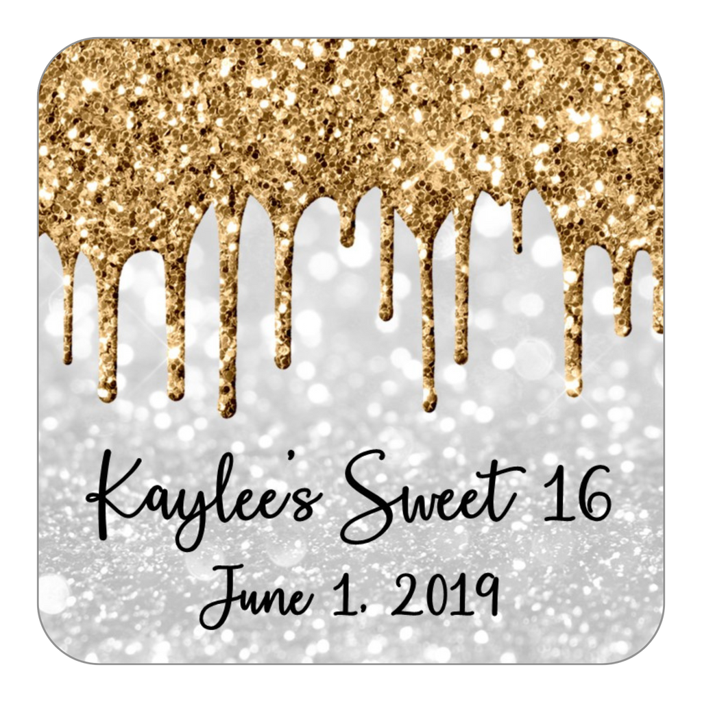 Glitter Drip Favor Stickers OR Tags-Gold/White