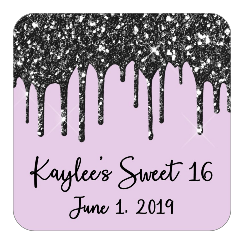 Glitter Drip Favor Stickers OR Tags-Black/Lavender