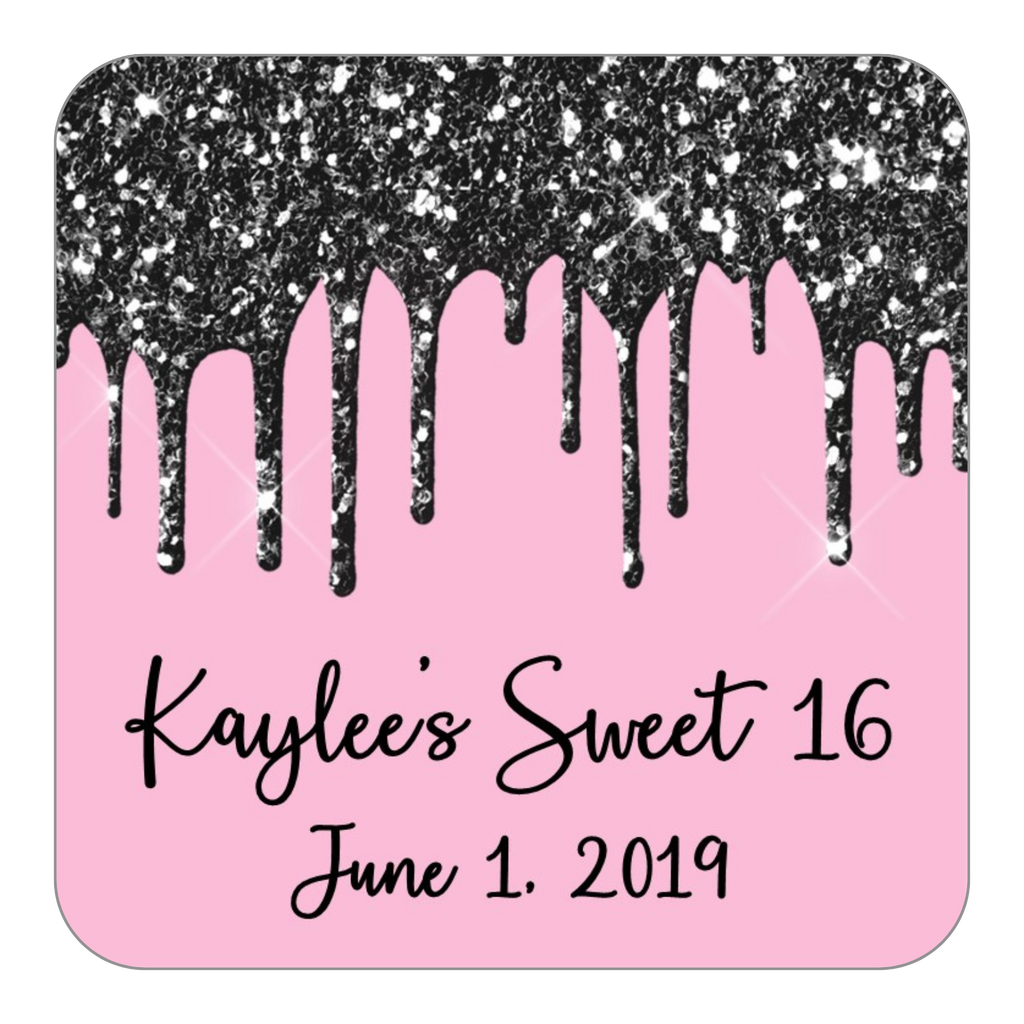 Glitter Drip Favor Stickers OR Tags-Black/Light Pink