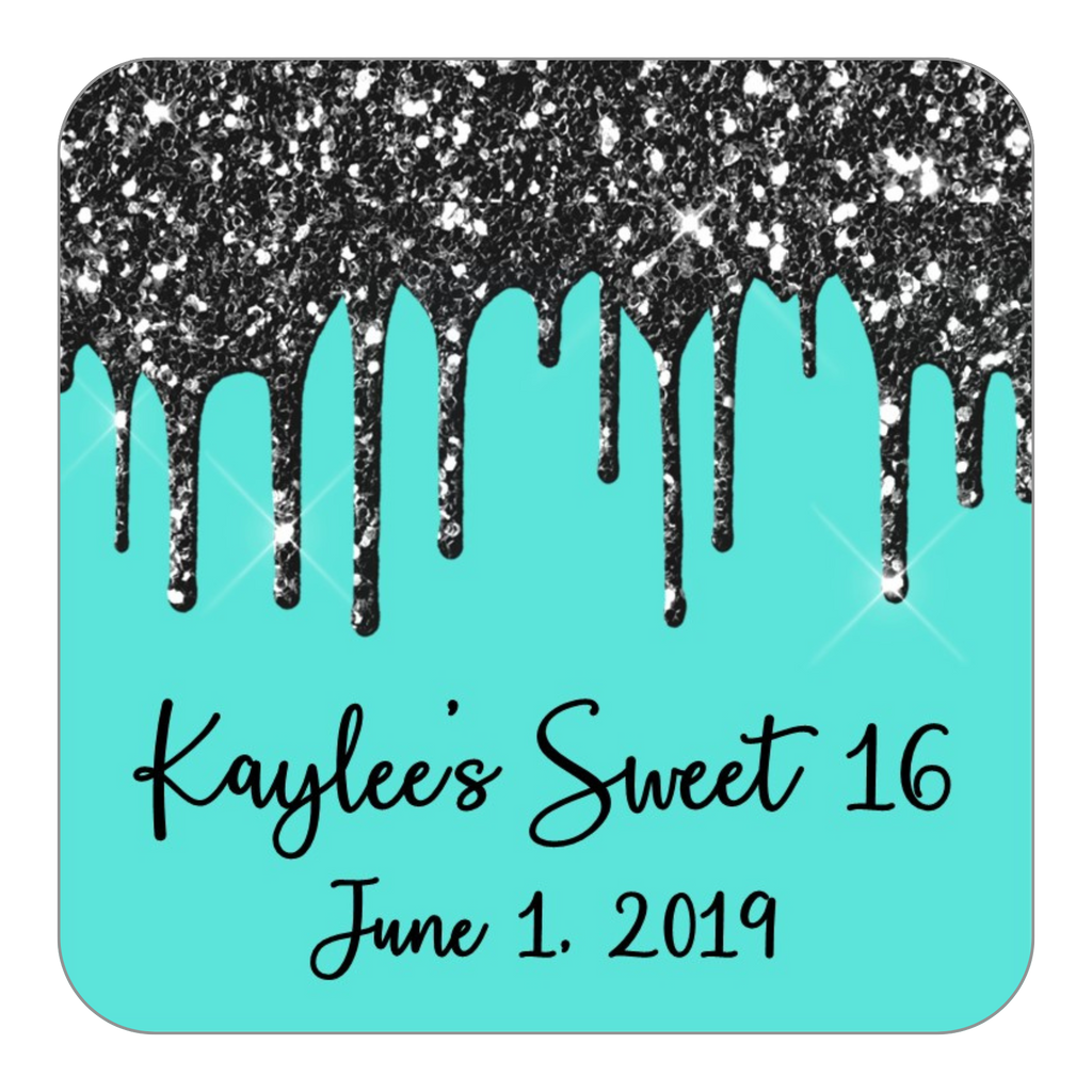 Glitter Drip Favor Stickers OR Tags-Black/Teal