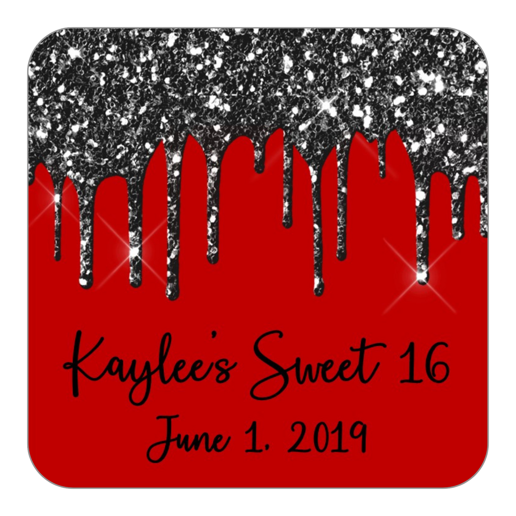 Glitter Drip Favor Stickers OR Tags-Black/Red