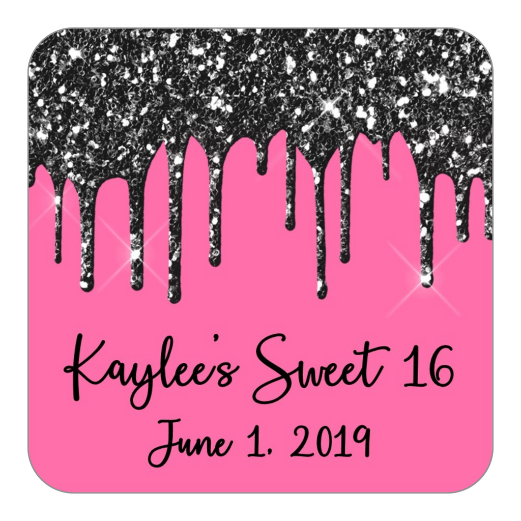Glitter Drip Favor Stickers OR Tags-Black/Dark Pink