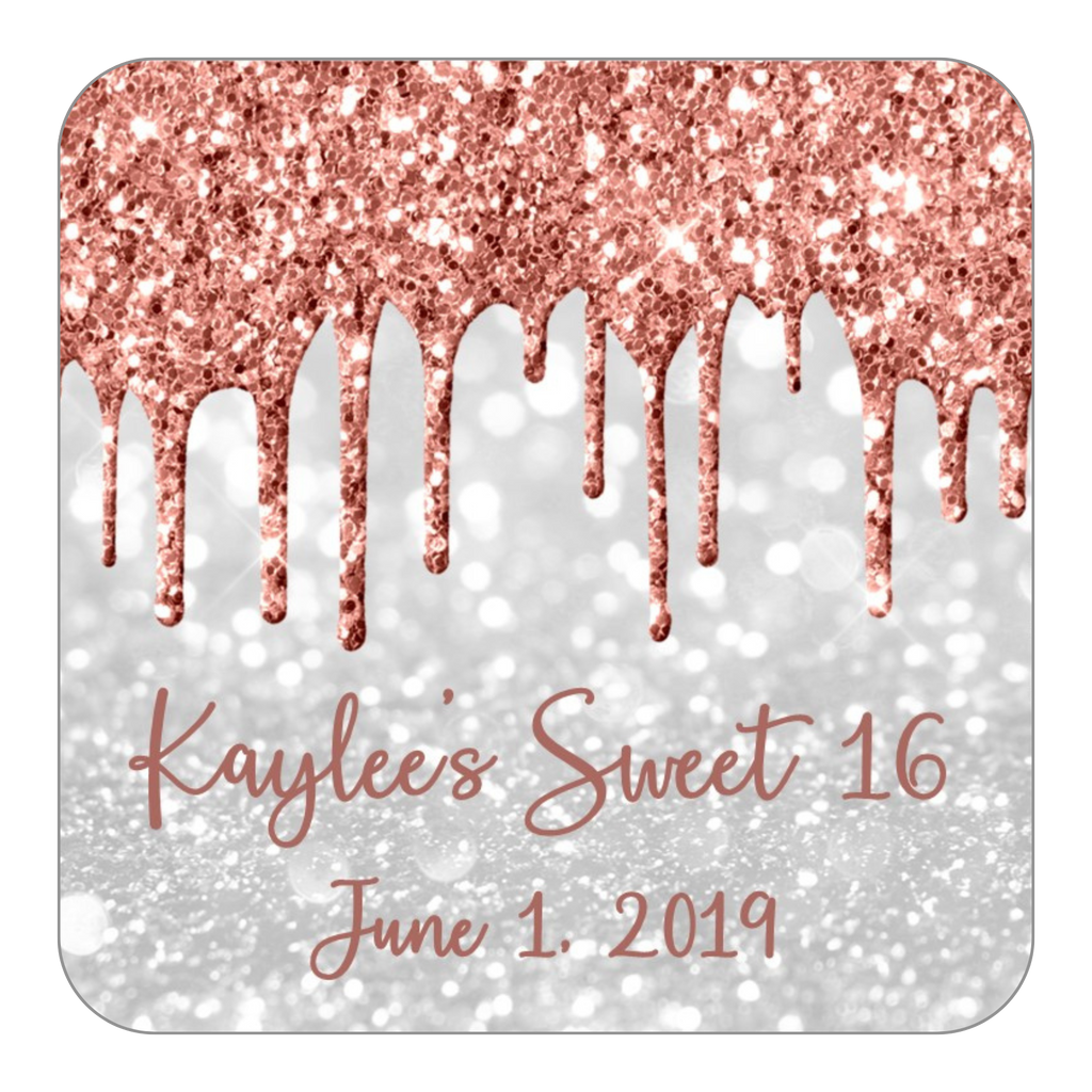 Glitter Drip Favor Stickers OR Tags-Rose Gold/White