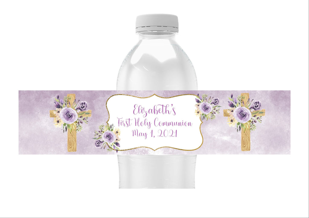 Purple Floral Cross Water Bottle Labels