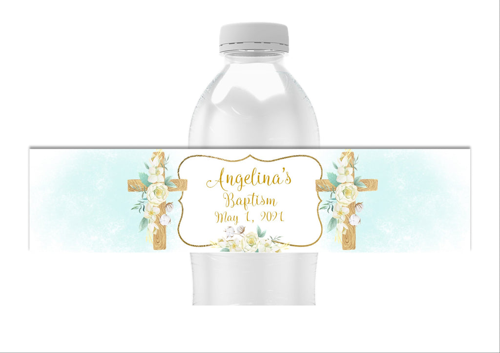 Blue Floral Cross Water Bottle Labels