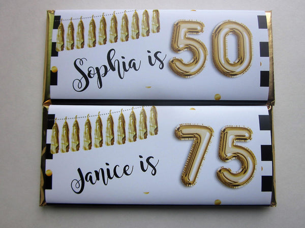 Gold Balloon Milestone Birthday Candy Bar Wrapper - Cathy's Creations - www.candywrappershop.com