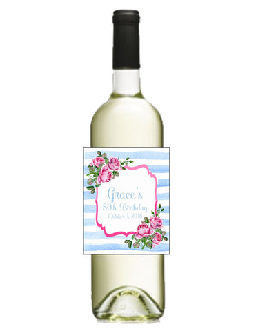 Pink and Blue Floral Wine Bottle Labels - Cathy's Creations - www.candywrappershop.com
