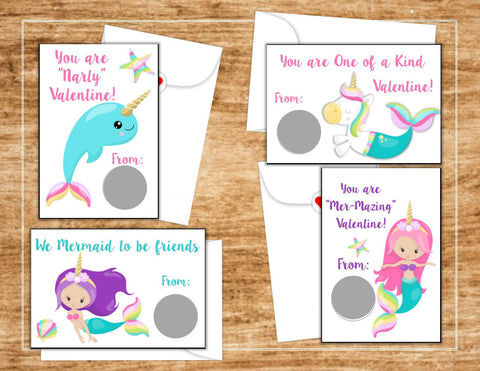 Mermaid Unicorn Valentine's Day Scratch Off Cards - Cathy's Creations - www.candywrappershop.com