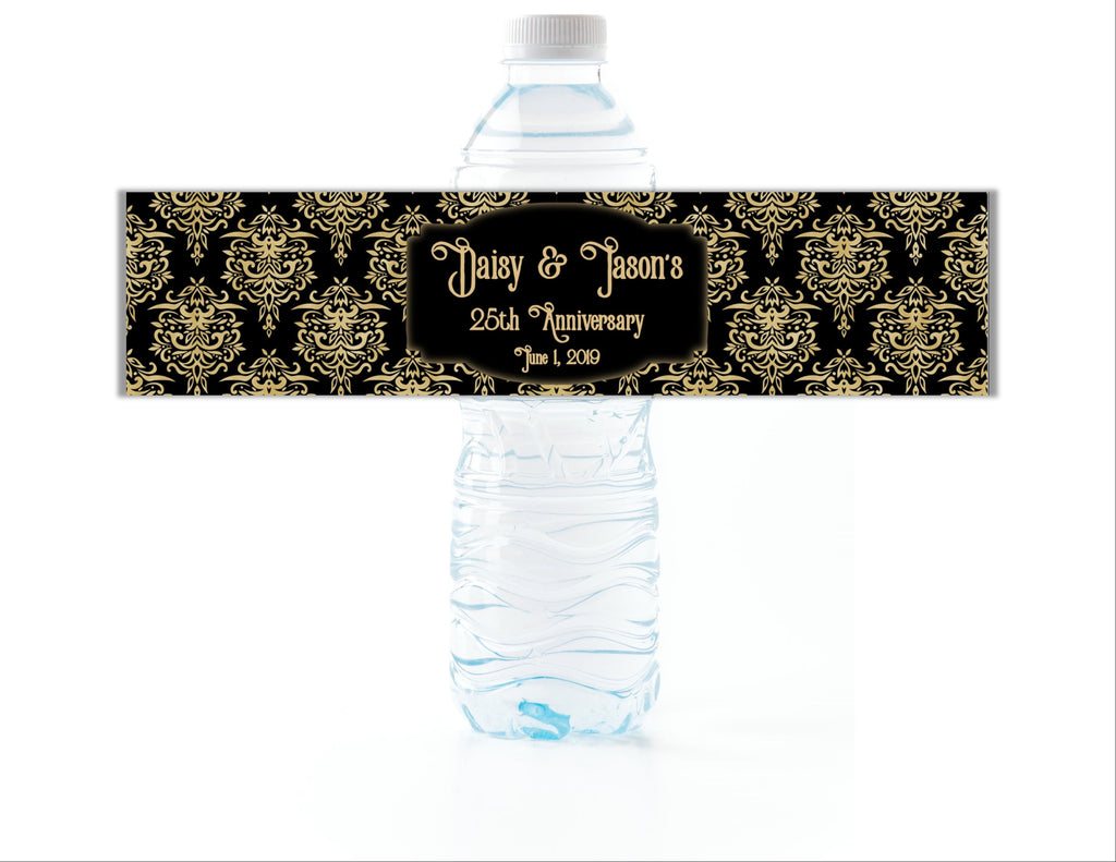 Gold and Black Damask Water Bottle Labels - Cathy's Creations - www.candywrappershop.com