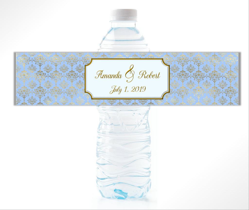 Blue Gold Damask Water Bottle Labels - Cathy's Creations - www.candywrappershop.com