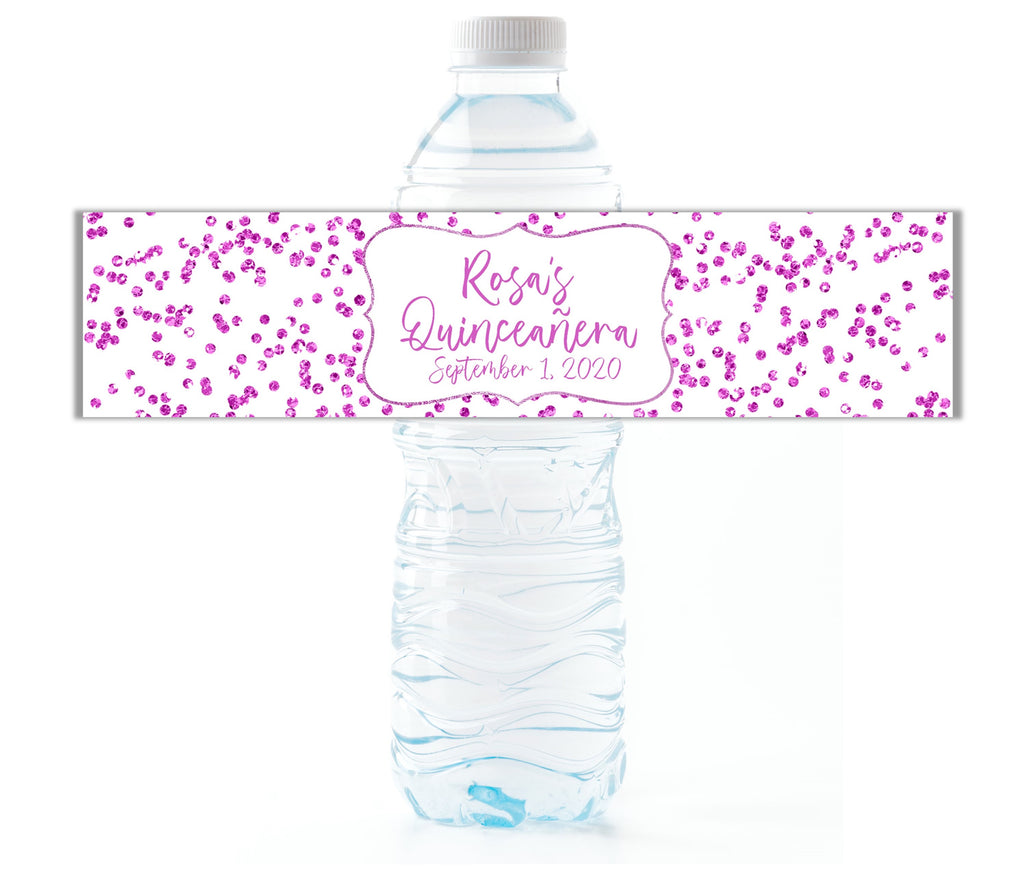 Pink Glitter Confetti Water Bottle Labels - Cathy's Creations - www.candywrappershop.com