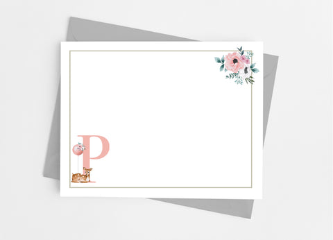 Floral Deer Single Initial Monogram Flat Note Cards - Cathy's Creations - www.candywrappershop.com