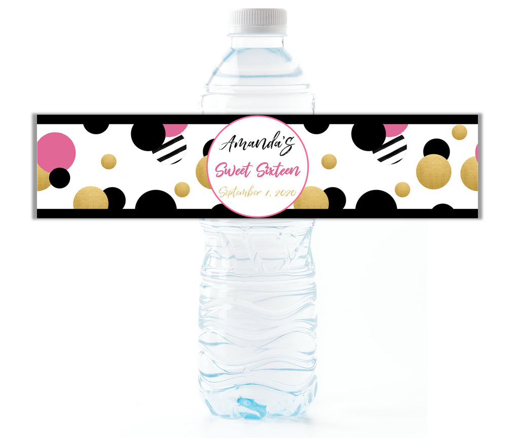 Pink Retro Dot Water Bottle Labels - Cathy's Creations - www.candywrappershop.com