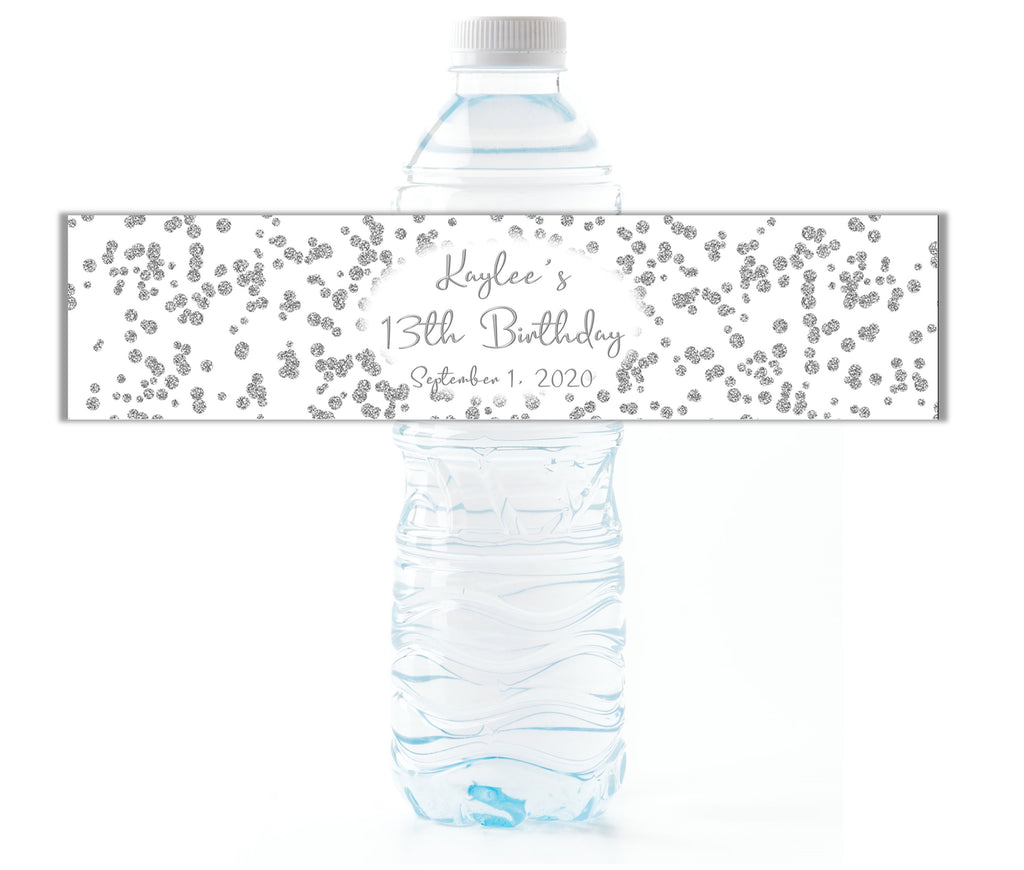 Silver Glitter Confetti Water Bottle Labels - Cathy's Creations - www.candywrappershop.com