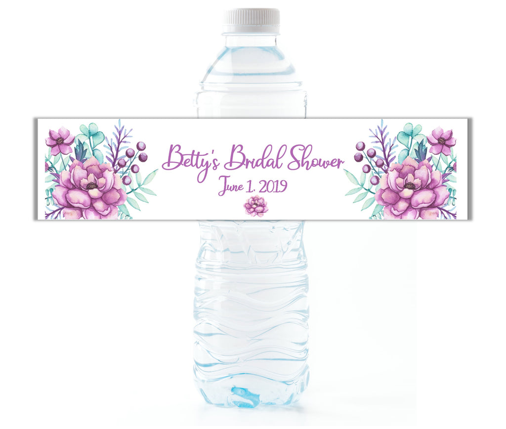 Purple Floral Water Bottle Labels - Cathy's Creations - www.candywrappershop.com