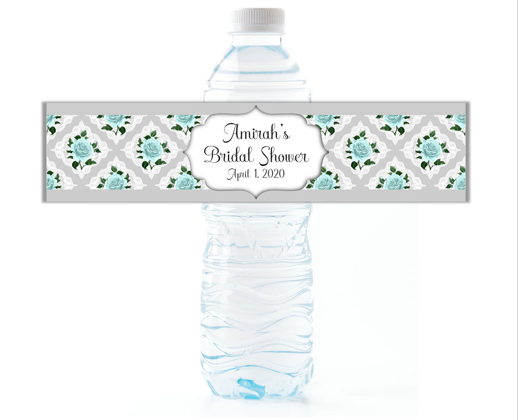 Mint Floral Water Bottle Labels - Cathy's Creations - www.candywrappershop.com