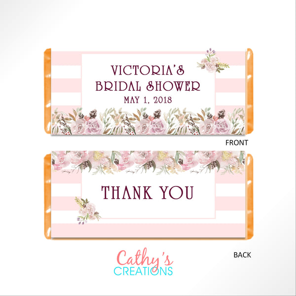 Pink Floral Stripe Candy Bar Wrapper - Cathy's Creations - www.candywrappershop.com