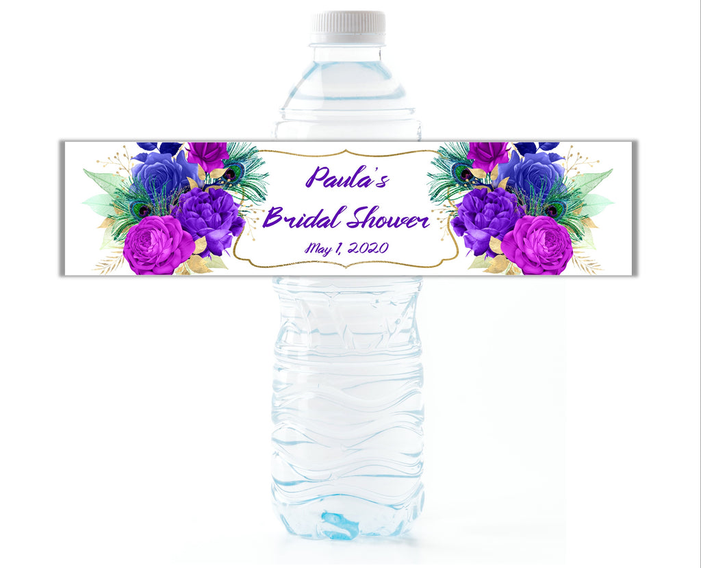 Peacock Floral Water Bottle Labels - Cathy's Creations - www.candywrappershop.com