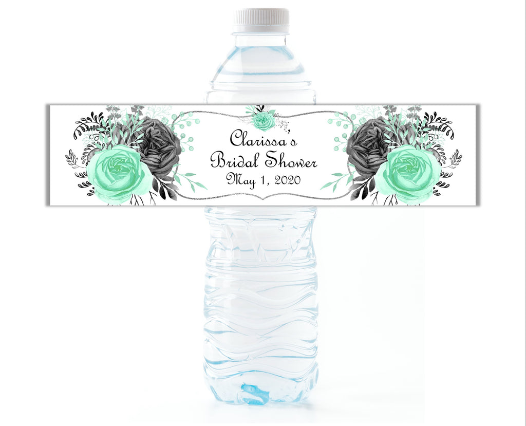 Mint and Grey Floral Water Bottle Labels - Cathy's Creations - www.candywrappershop.com