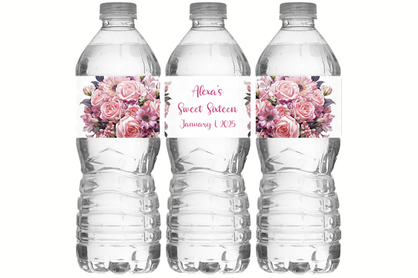 Pink Floral Water Bottle Labels