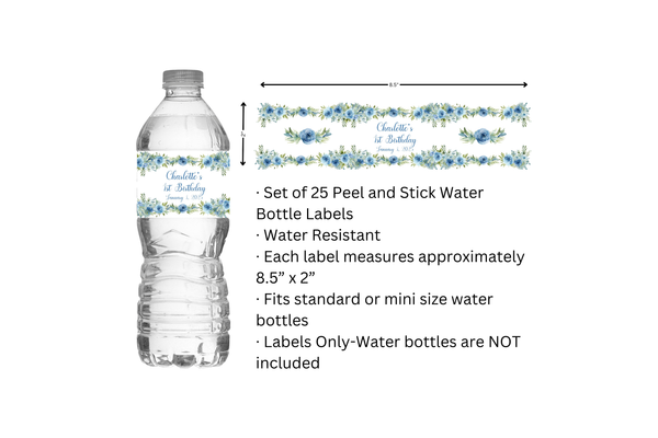 Blue Floral Water Bottle Labels