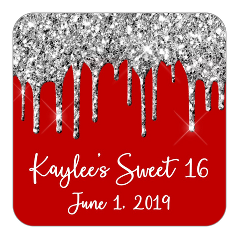 Glitter Drip Favor Stickers OR Tags-Silver/Red