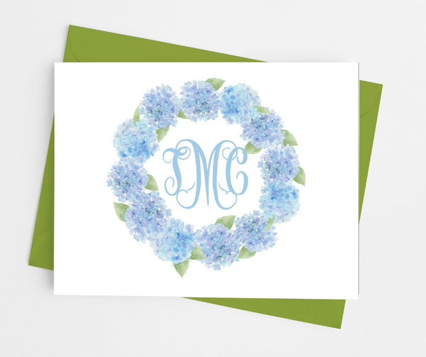 Blue Hydrangea Monogram Note Cards