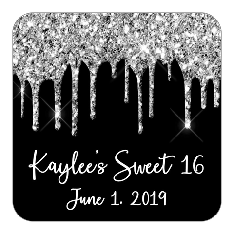 Glitter Drip Favor Stickers OR Tags-Silver/Black