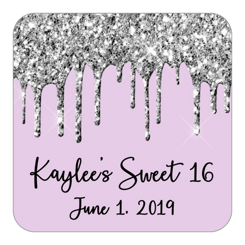 Glitter Drip Favor Stickers OR Tags-Silver/Lavender