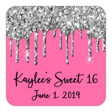 Glitter Drip Favor Stickers OR Tags-Silver/Dark Pink
