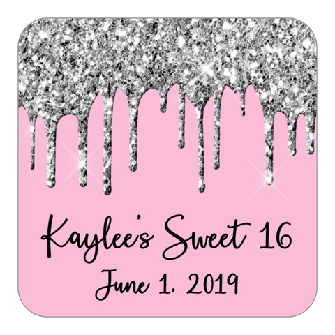 Glitter Drip Favor Stickers OR Tags-Silver/Light Pink