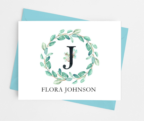 Eucaplytus Wreath Initial Monogram Note Cards