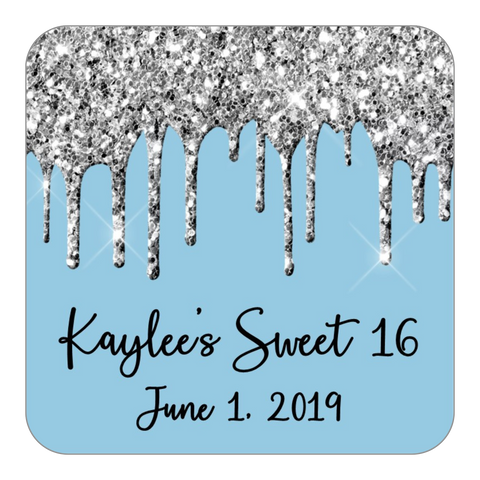 Glitter Drip Favor Stickers OR Tags-Silver/Blue