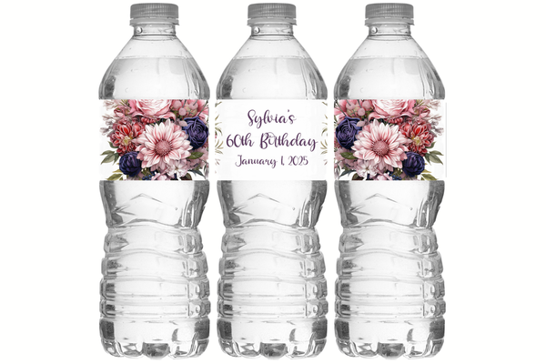 Pink and Blue Floral Water Bottle Labels