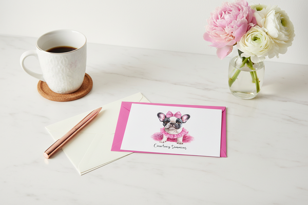 Card with a dog wearing a pink bow and tutu on a white background