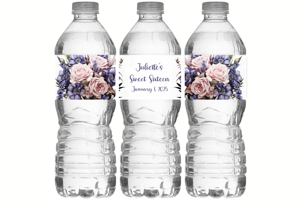 Pink and Blue Floral Water Bottle Labels