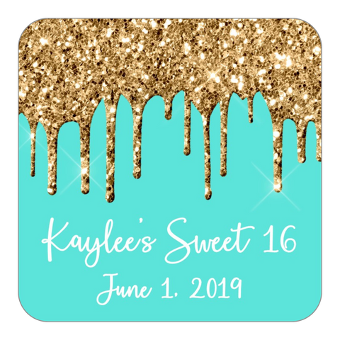 Glitter Drip Favor Stickers OR Tags-Gold/Teal
