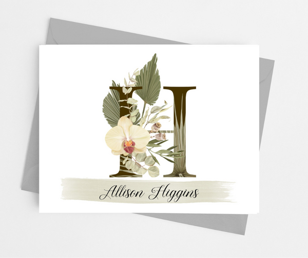 Tropical Floral Themed Initial Monogram Note Cards